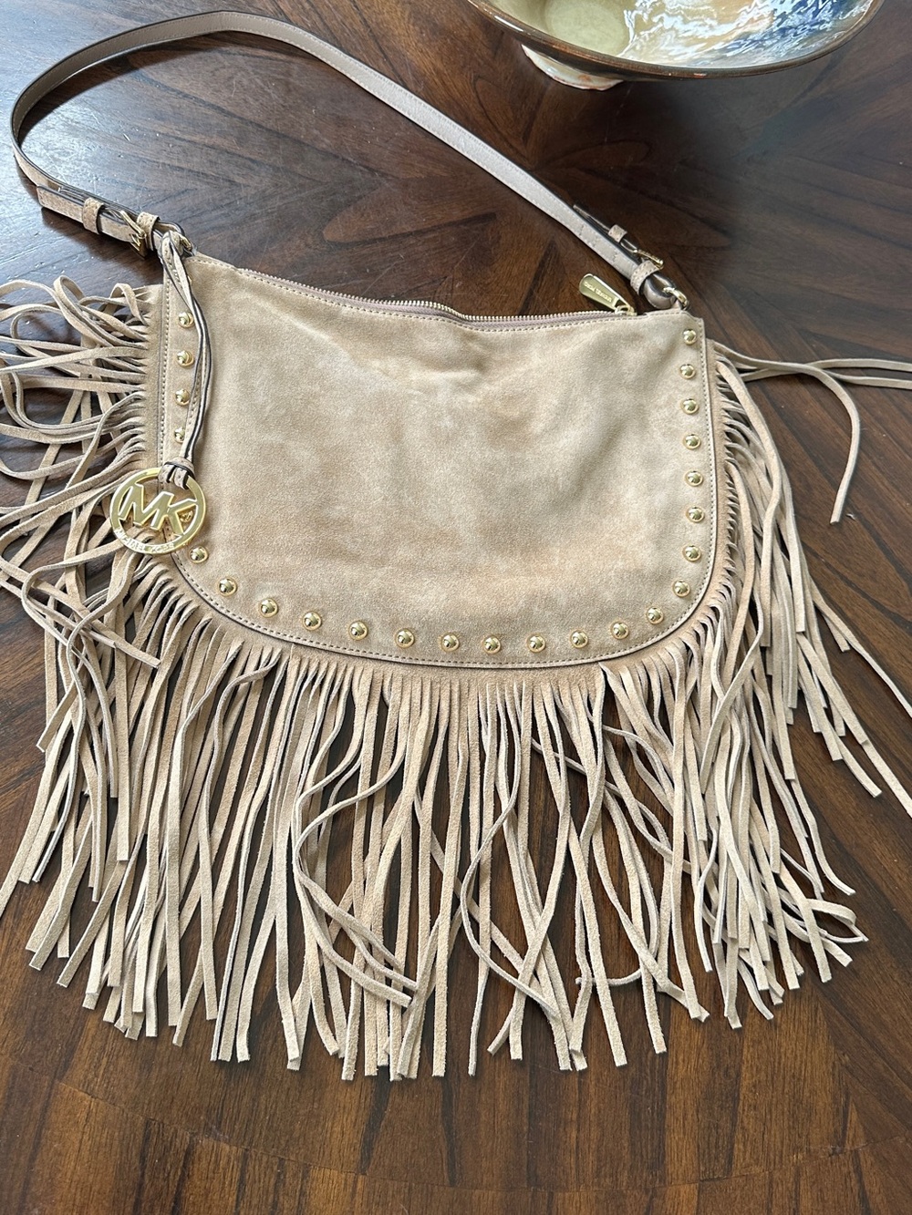 Michael Kors Beige Suede Fringe Shoulder Bag with Gold Hardware